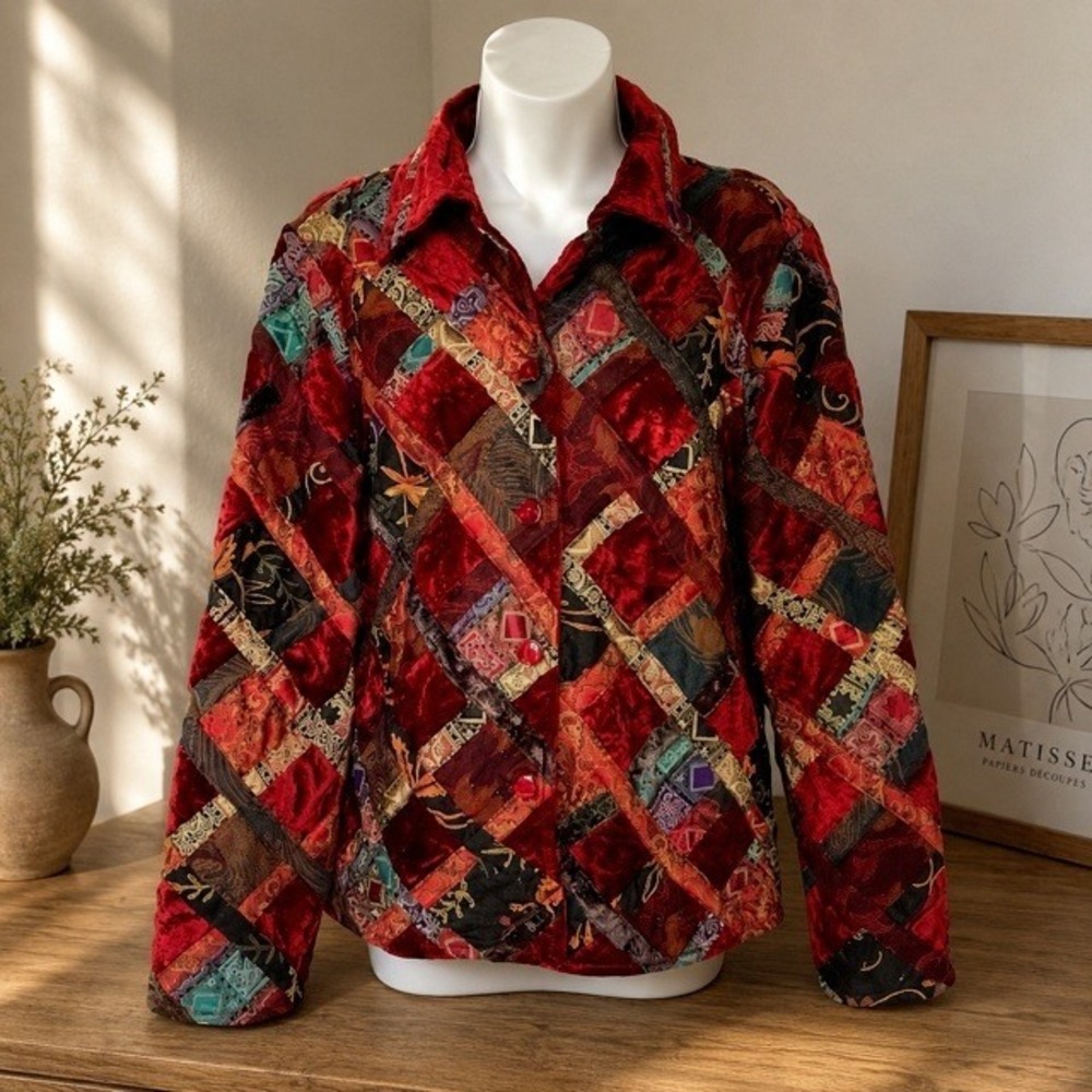 Coldwater Creek Red Velvet Patchwork Quilted Jacket Womens M Boho